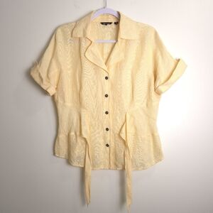 NIC + ZOE Silk Linen‎ Blend Front Tie Short Sleeve V neck Yellow Blouse L